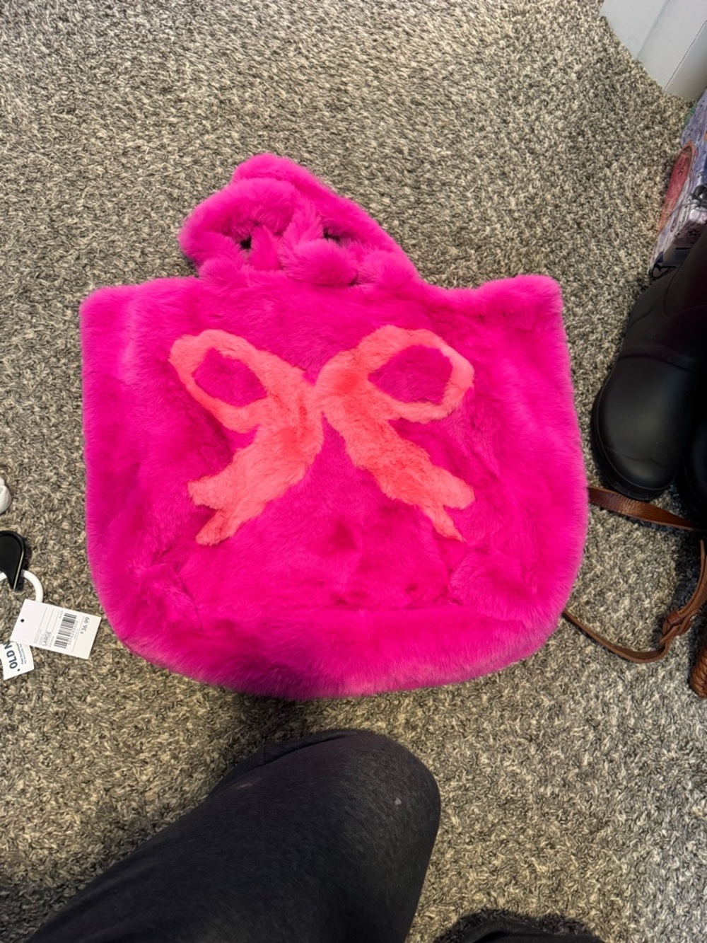 Hot Pink Faux Fur Tote with Coral Bow Detail